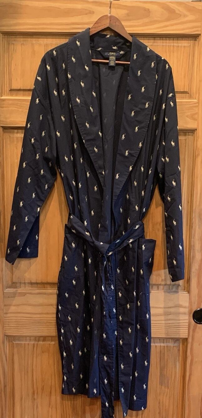 Polo Ralph Lauren Men's All Over Pony Print Cotton Robe Navy Blue L/ XL